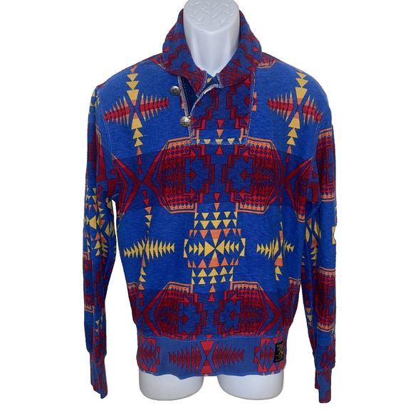 Ralph Lauren Polo Blue Red Aztec Shawl Sweater Snow Beach Stadium Size Medium - Picture 3 of 13